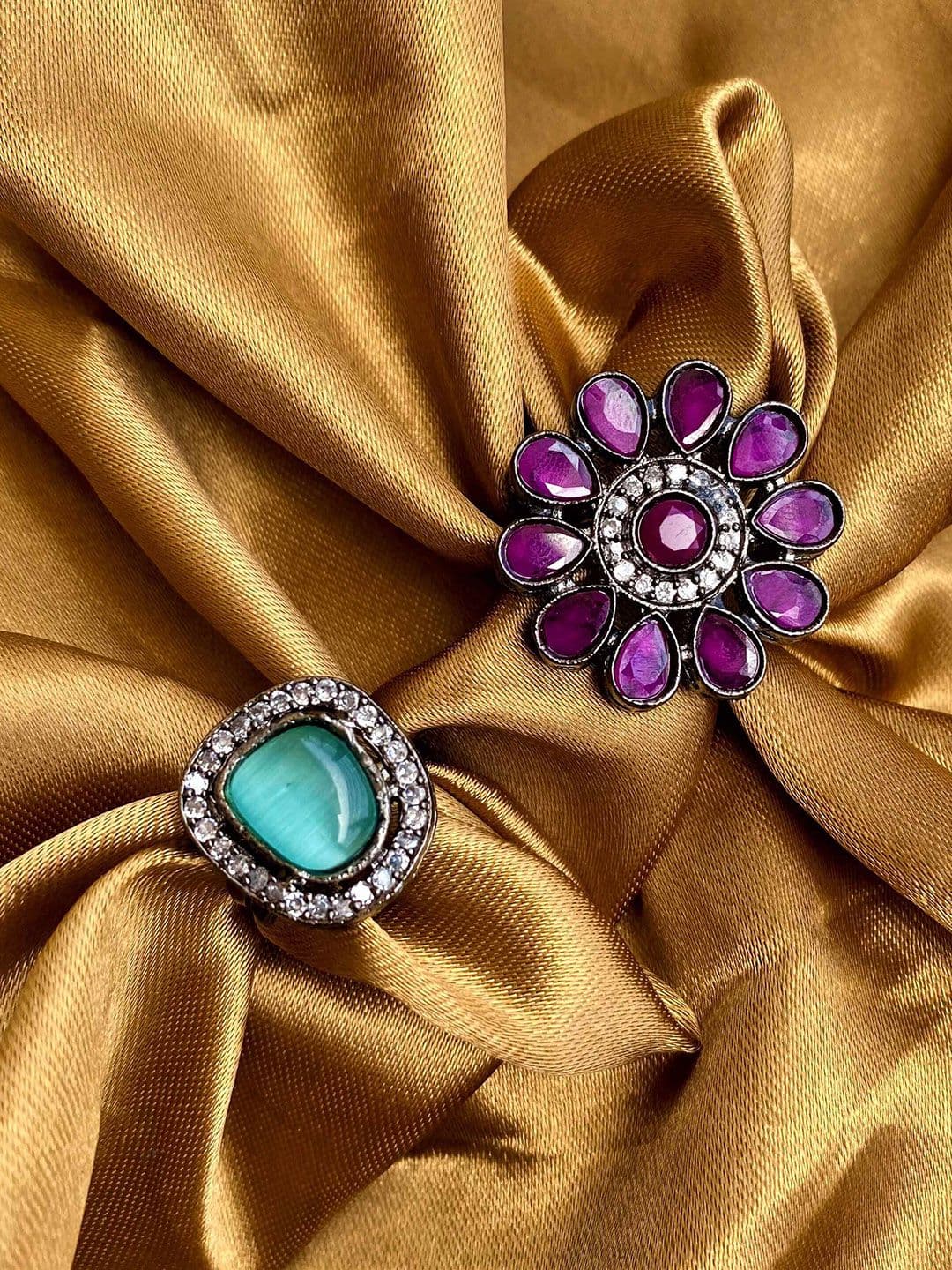 ATIBELLE Set of 2 Silver-Plated Stone-Studded Adjustable Finger Rings - Image 1