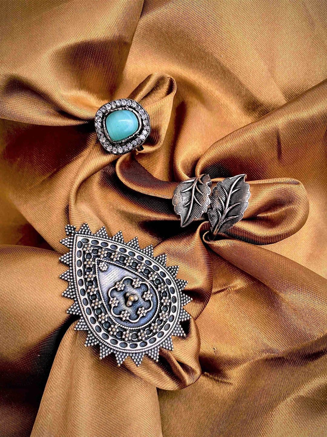 ATIBELLE Set of 3 Silver-Plated Stone-Studded Adjustable Finger Rings - Image 1