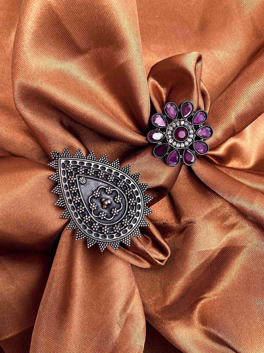 ATIBELLE Set Of 2 Silver-Plated & Stone-Studded Adjustable Finger Ring - Image 1