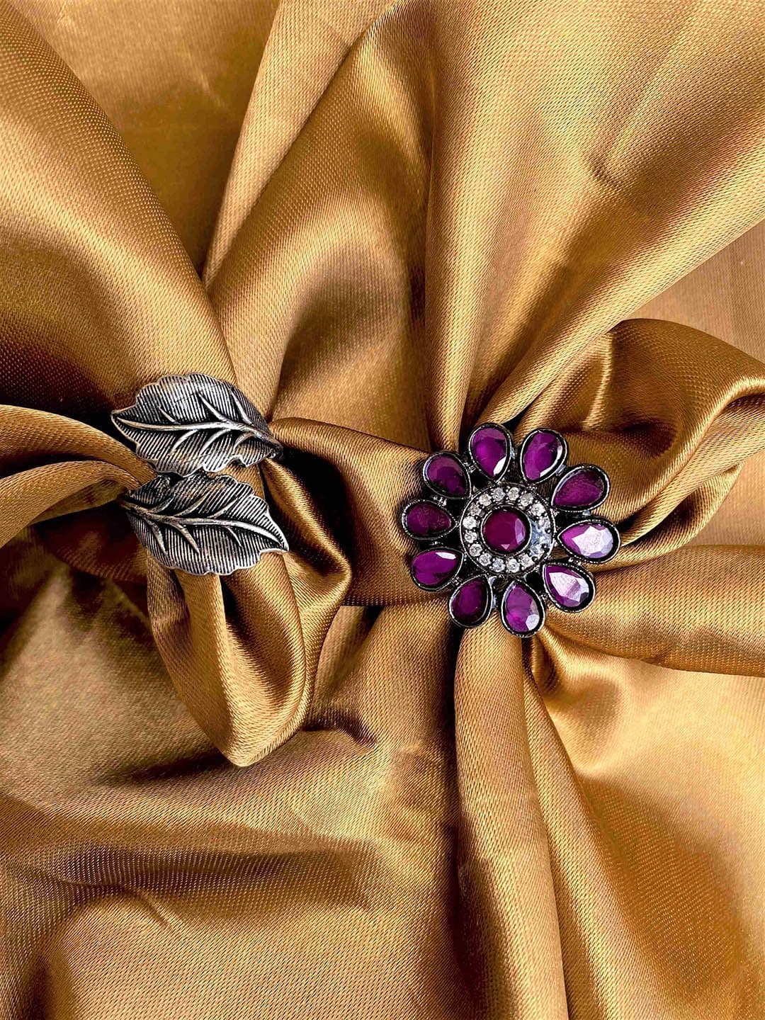 ATIBELLE Set of 2 Silver-Plated & Floral Stone-Studded Adjustable Rings - Image 1