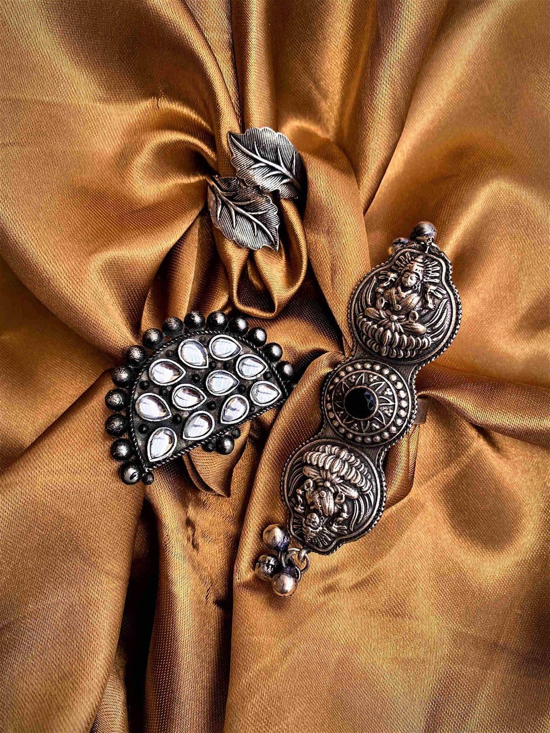 ATIBELLE Set Of 3 Silver-Plated & Stone-Studded Adjustable Finger Ring - Image 1