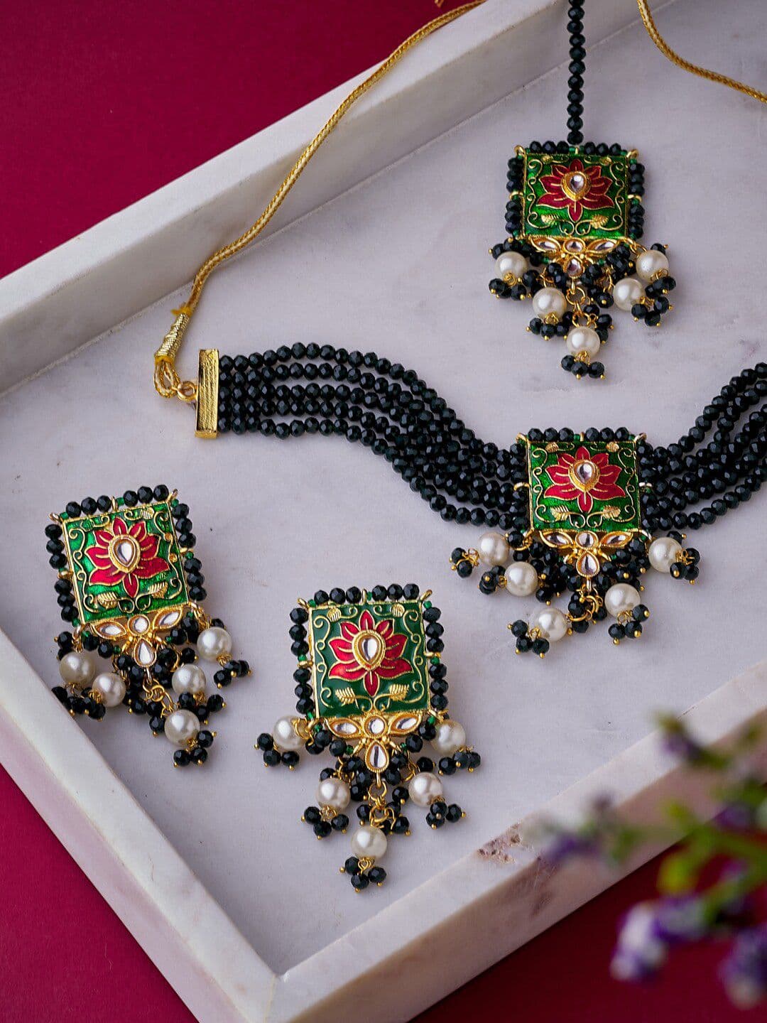 ATIBELLE Gold-Plated Stone-Studded & Beaded Necklace & Earrings - Image 1