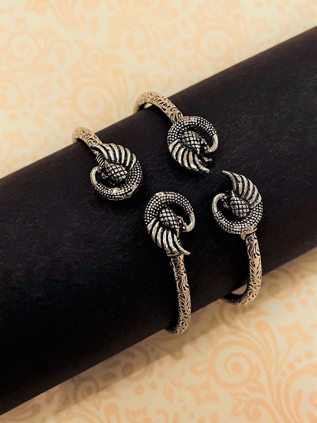 ATIBELLE Set Of 2 Silver-Plated & Peacock Shaped Bangle Bracelet - Image 1