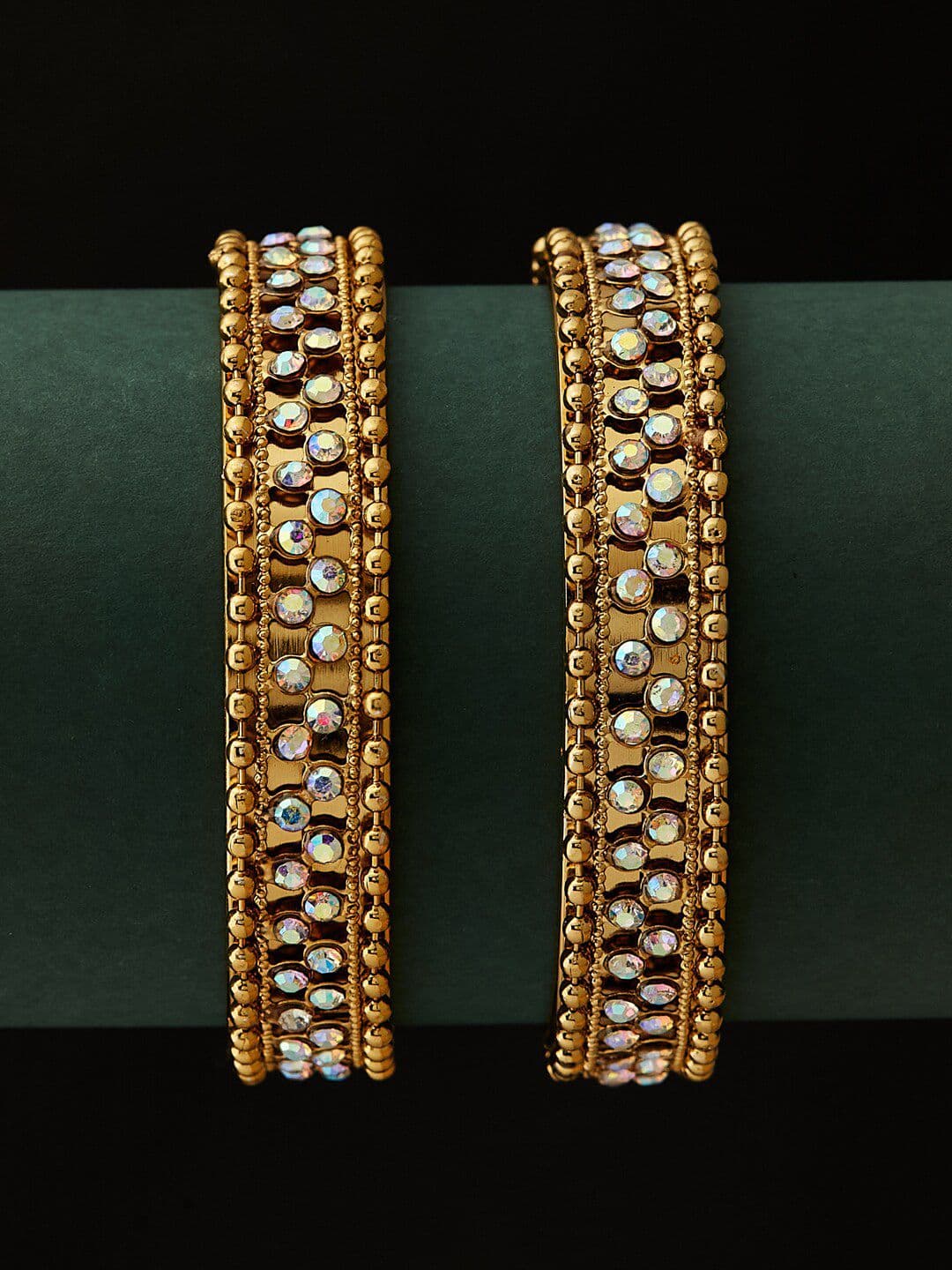 ATIBELLE Set Of 2 Gold-Plated & Stone-Studded Textured Bangles - Image 1