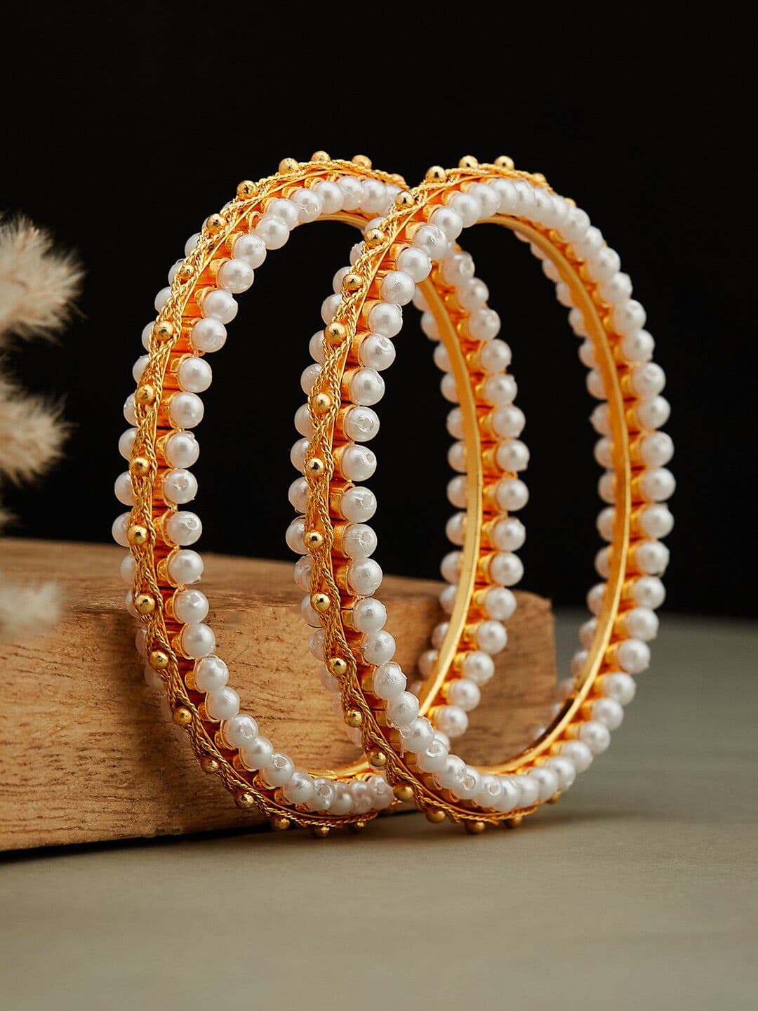 ATIBELLE Set Of 2 Gold-Plated & Beaded Bangles - Image 1