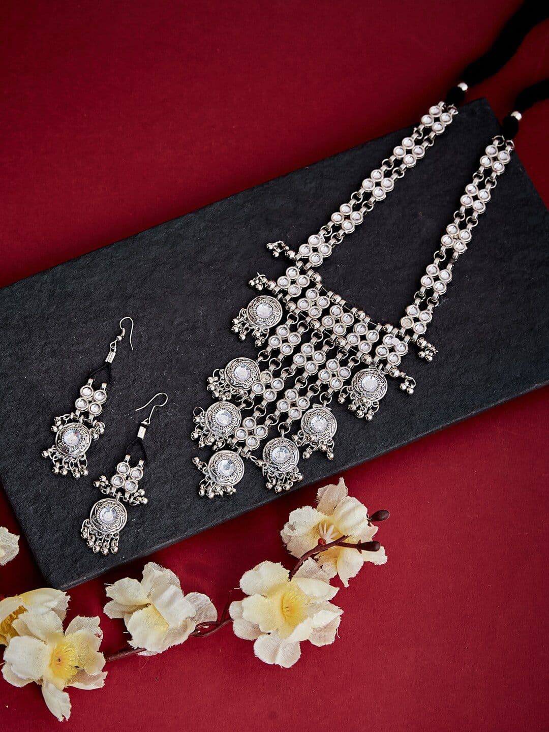 ATIBELLE German Silver Silver-Plated Stone-Studded Necklace & Earrings - Image 1