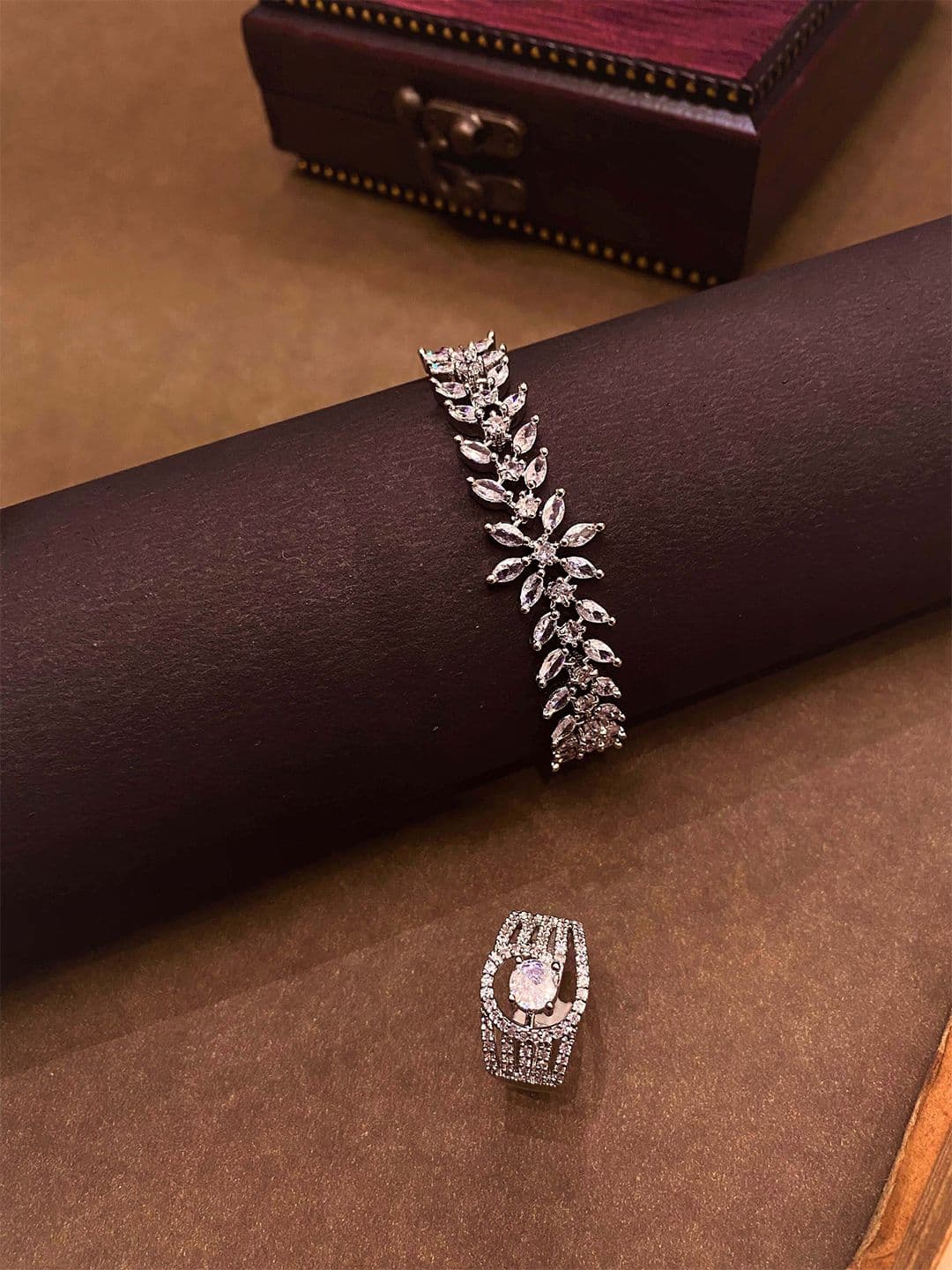 ATIBELLE Brass American Diamond Silver-Plated Bracelet With Ring - Image 1
