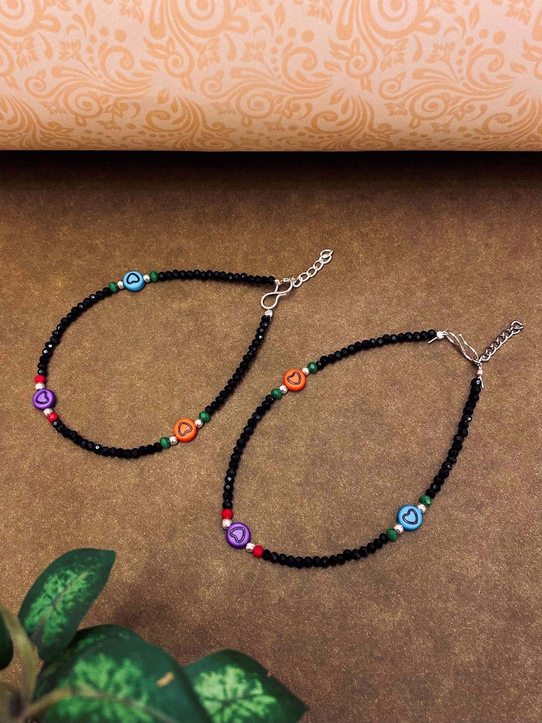 ATIBELLE Set Of 2 Silver-Plated Stone Studded & Beaded Anklets - Image 1