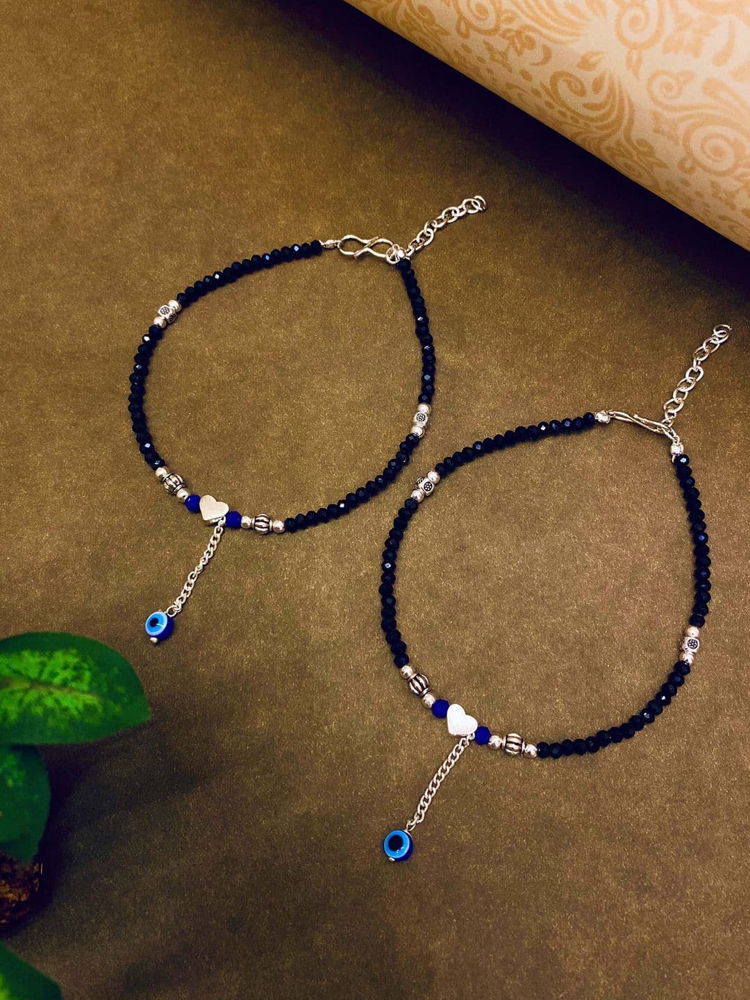 ATIBELLE Set Of 2 Silver-Plated Stone-Studded & Beaded Anklets - Image 1