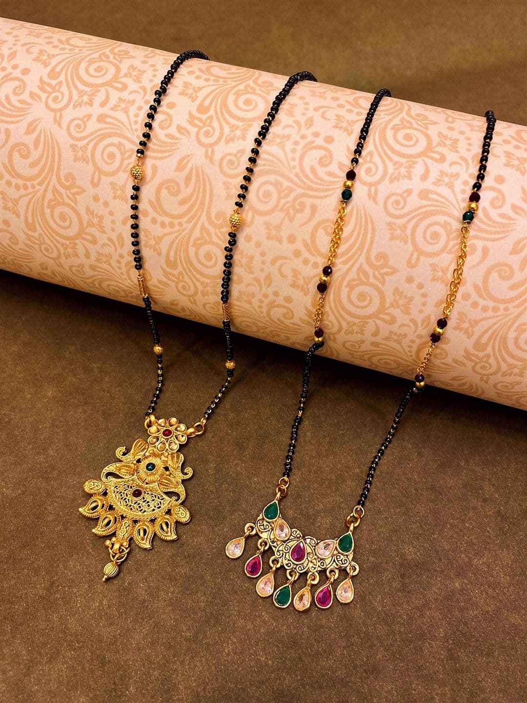 ATIBELLE Set Of 2 Gold-Plated Stone-Studded & Beaded Mangalsutra - Image 1