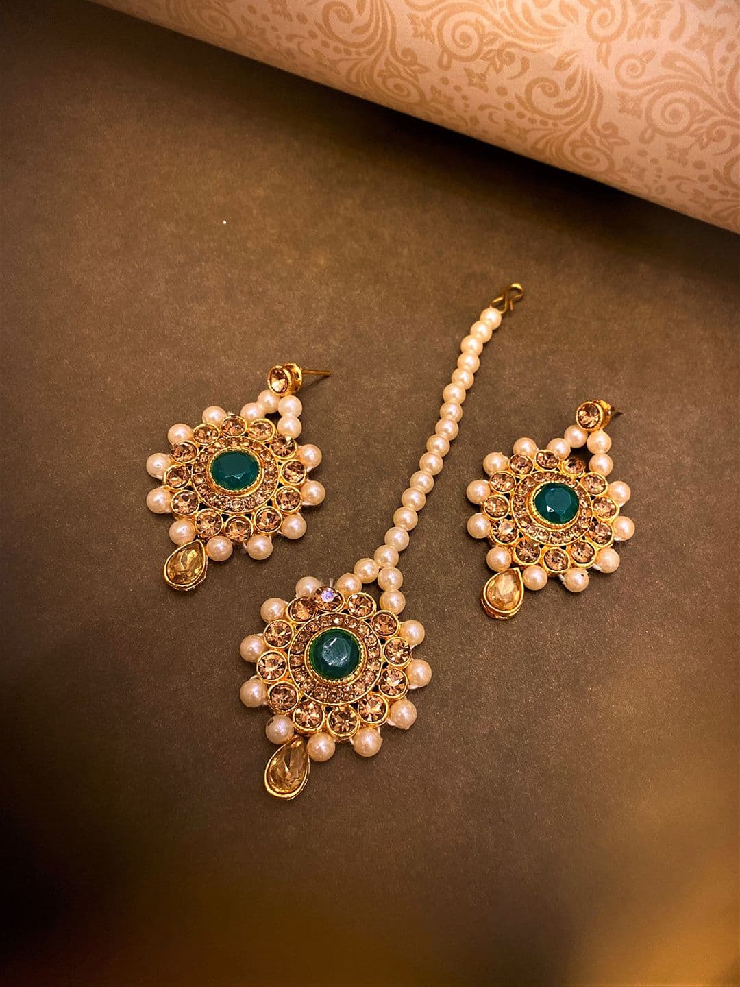 ATIBELLE Gold-Plated Stone-Studded & Beaded Jewellery Set - Image 1