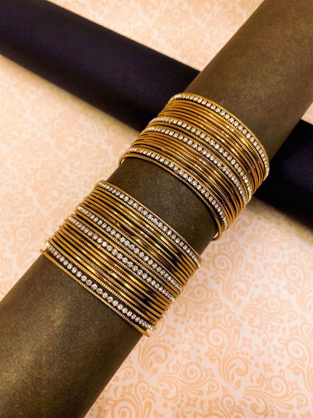 ATIBELLE Set Of 44 Gold-Plated & Crystal Stone-Studded Textured Bangles - Image 1