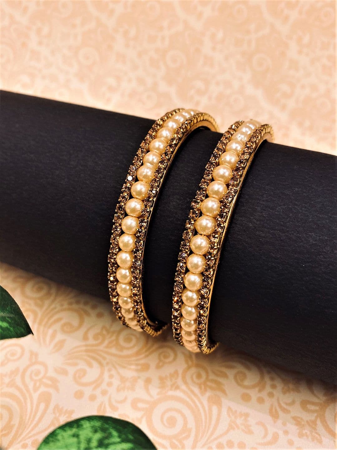 ATIBELLE Set Of 2 Gold-Plated Stone-Studded & Beaded Bangles - Image 1