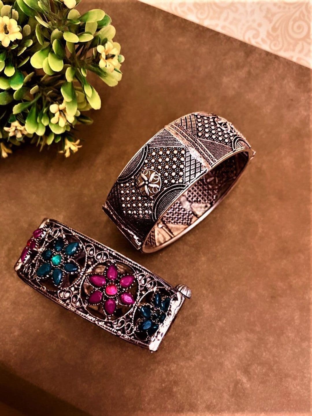 ATIBELLE Set Of 2 Silver-Plated Stone-Studded Bangles - Image 1