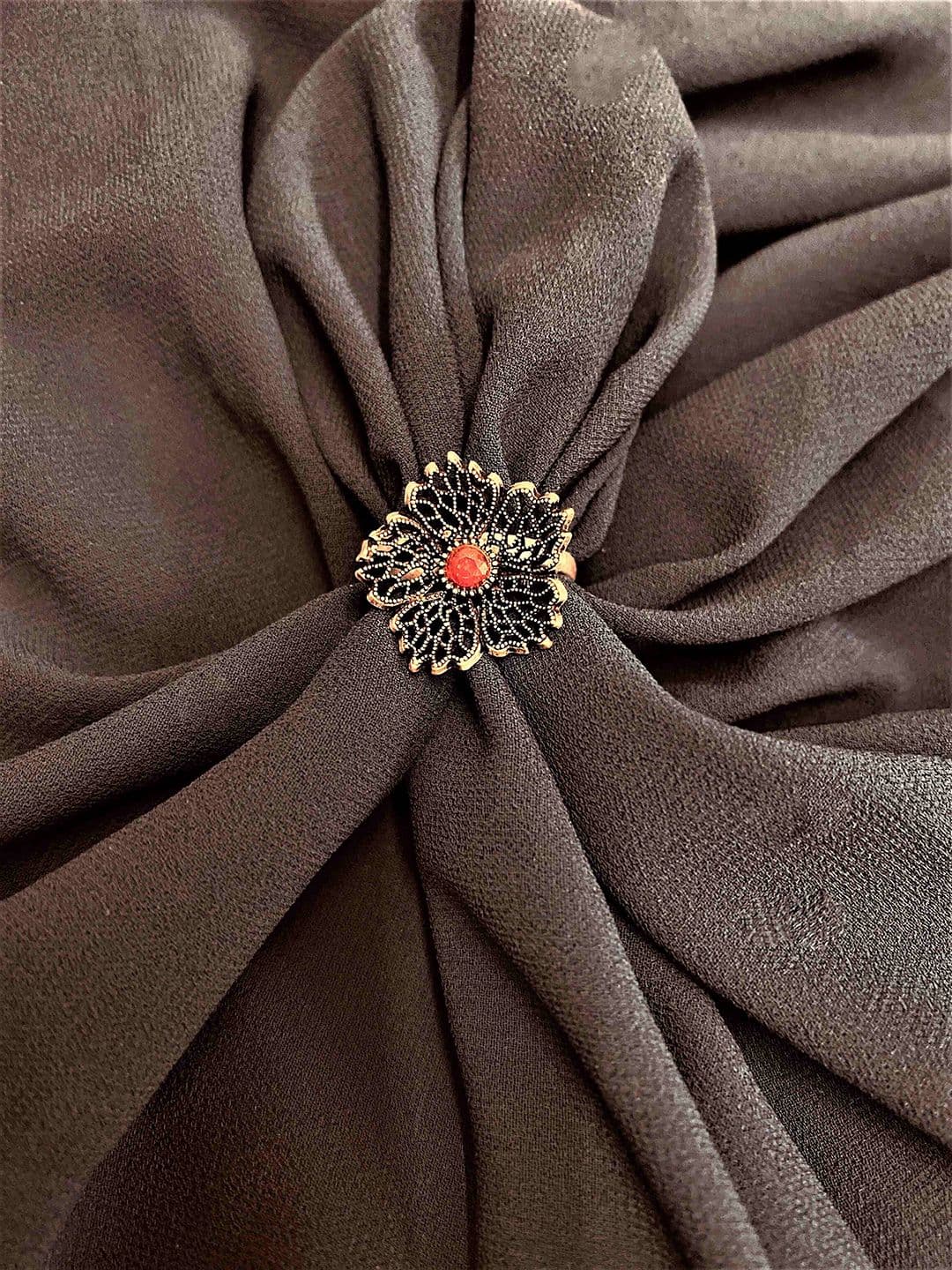 ATIBELLE Silver-Plated Stone-Studded Floral Textured Adjustable Finger Ring - Image 1