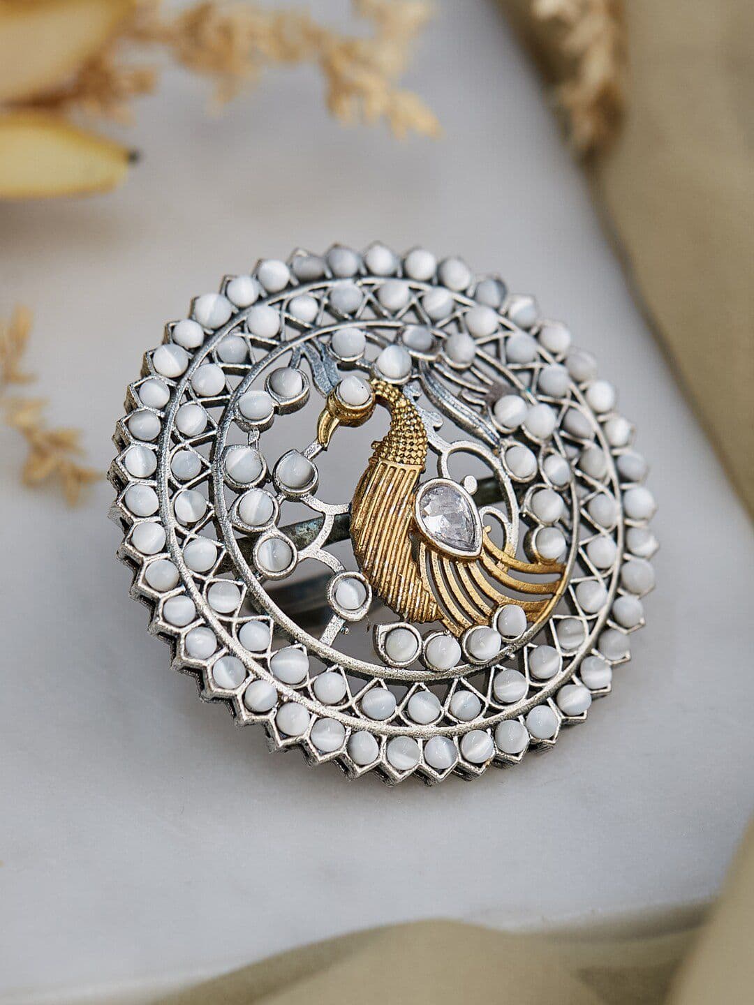 ATIBELLE Gold-Plated & Pearl Stone Studded Finger Ring - Image 1