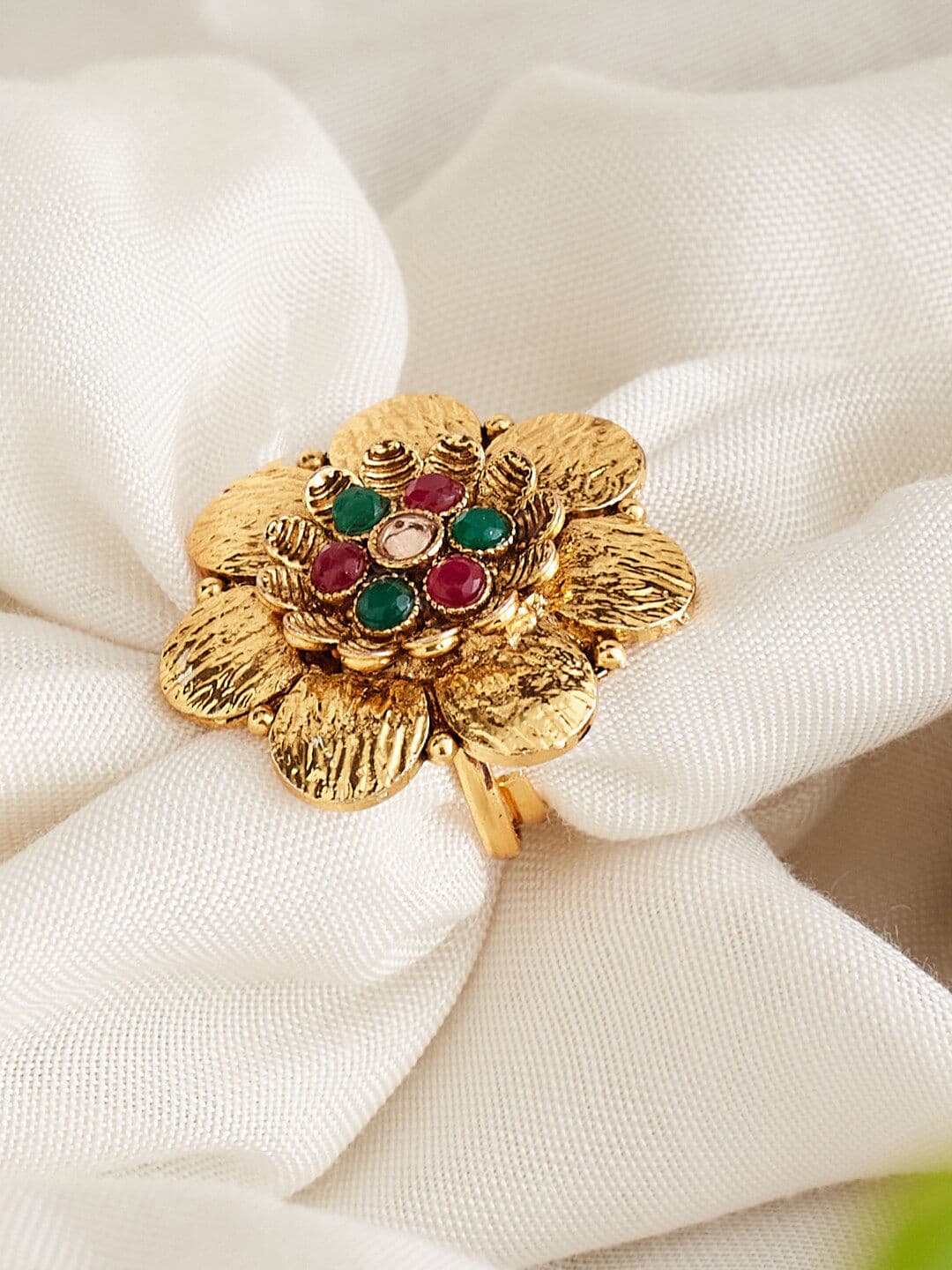 ATIBELLE Gold-Plated Stone-Studded Floral Shaped Adjustable Finger Ring - Image 1