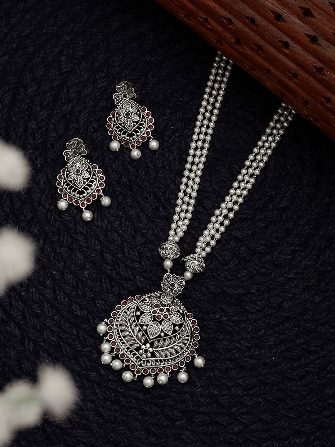 ATIBELLE Silver-Plated Stone-Studded & Beaded Jewellery Set - Image 1