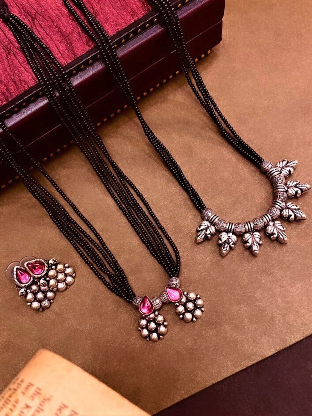 ATIBELLE Set Of 2 Silver-Plated & Stone-Studded Black Beaded Mangalsutras - Image 1