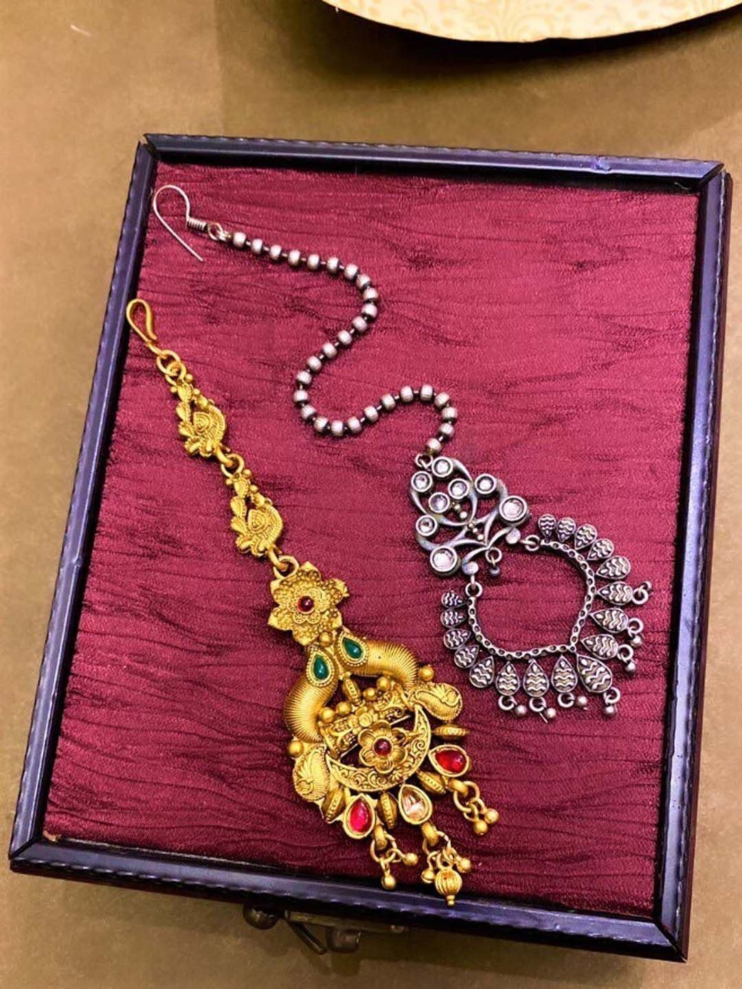 ATIBELLE Set Of 2 Gold & Silver-Plated Stone-Studded Maangtikkas - Image 1