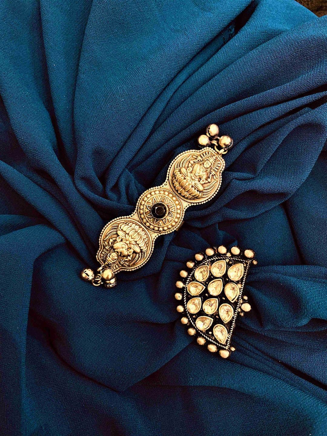 ATIBELLE Set Of 2 Silver-Plated Kundan-Studded & Goddess Inspired Adjustable Finger Rings - Image 1