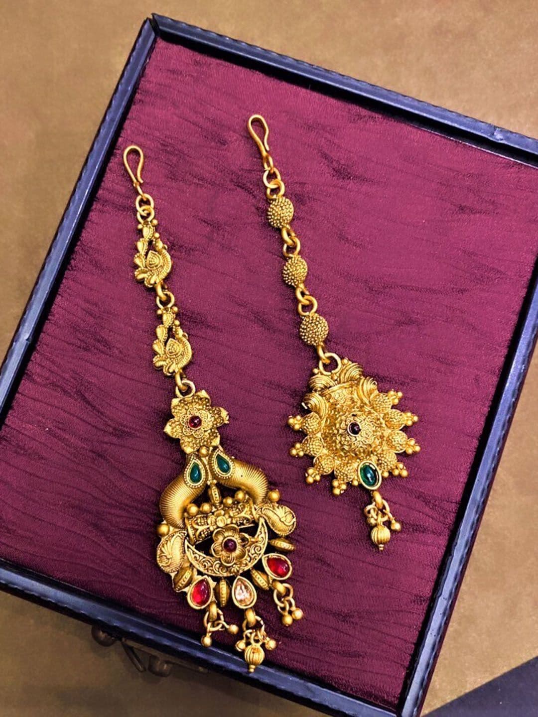ATIBELLE Set Of 2 Gold-Plated Stone-Studded & Floral Shaped Maangtikkas - Image 1