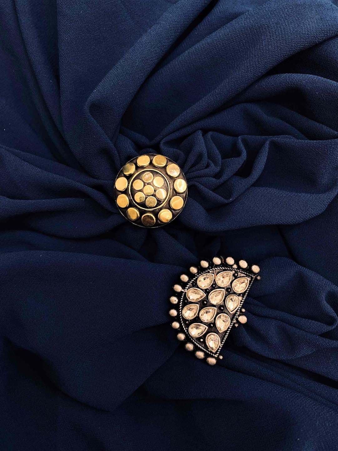 ATIBELLE Set Of 2 Silver-Plated Kundan-Studded Adjustable Finger Rings - Image 1