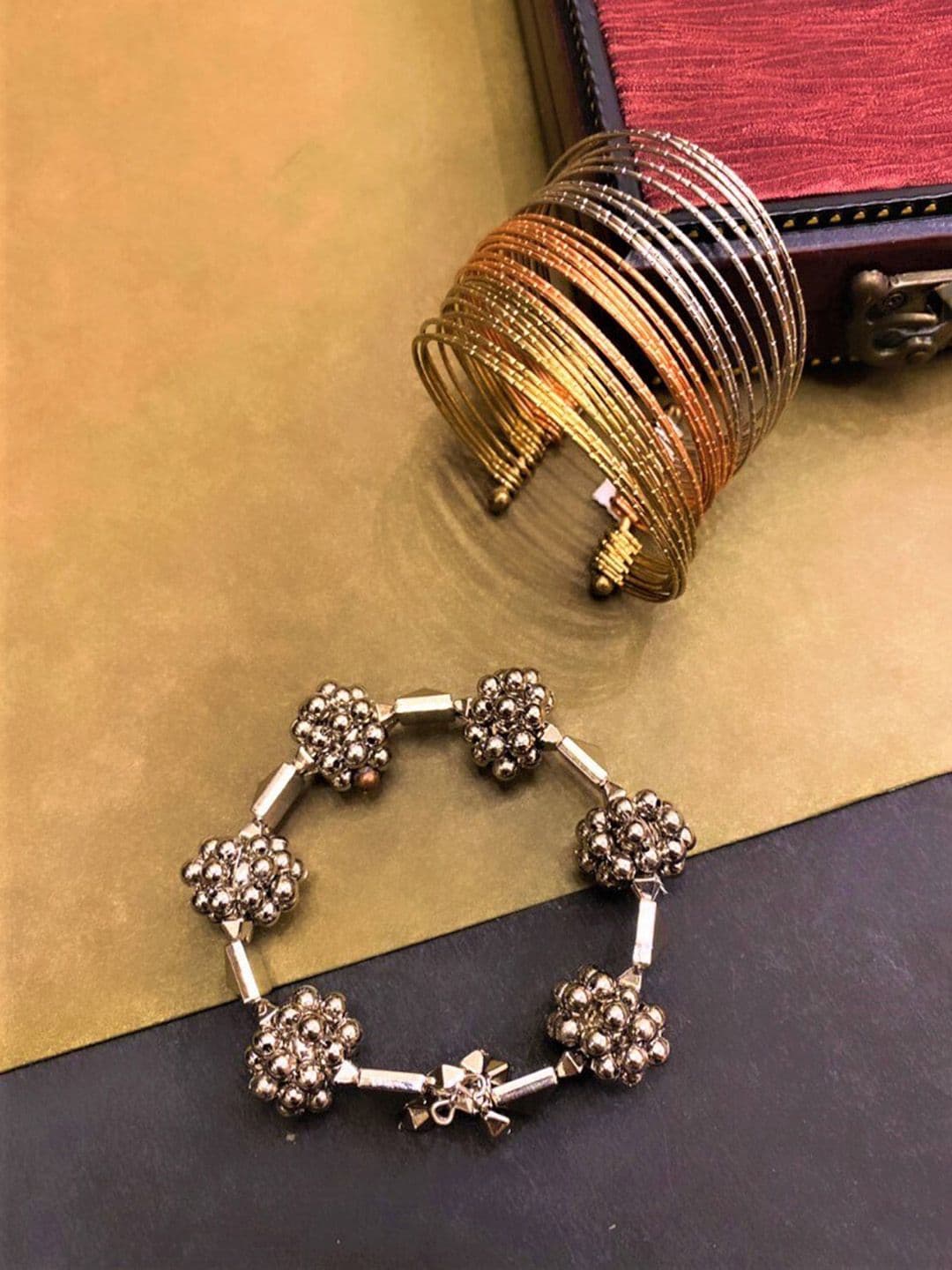 ATIBELLE Set Of 2 Silver-Plated Dual Toned Adjustable Bangle - Image 1