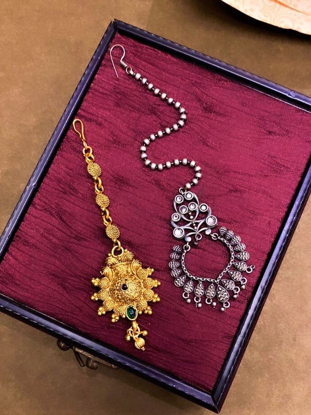 ATIBELLE Set Of 2 Gold & Silver-Plated Stone-Studded Maangtikkas - Image 1