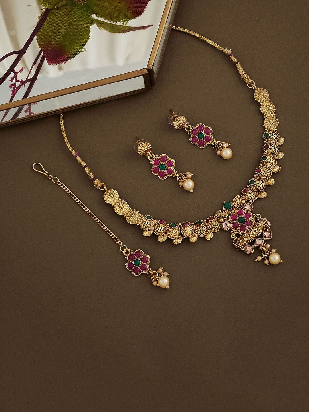ATIBELLE Gold-Plated Kundan-Studded & Beaded Jewellery Set - Image 1