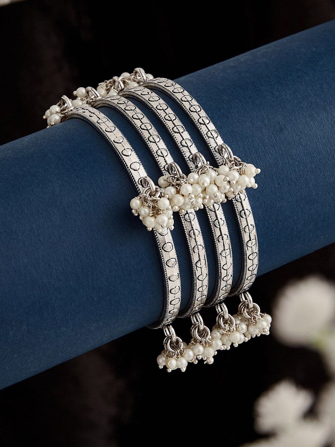 ATIBELLE Set Of 4 Silver-Plated German Silver Pearl-Studded Textured Bangles - Image 1