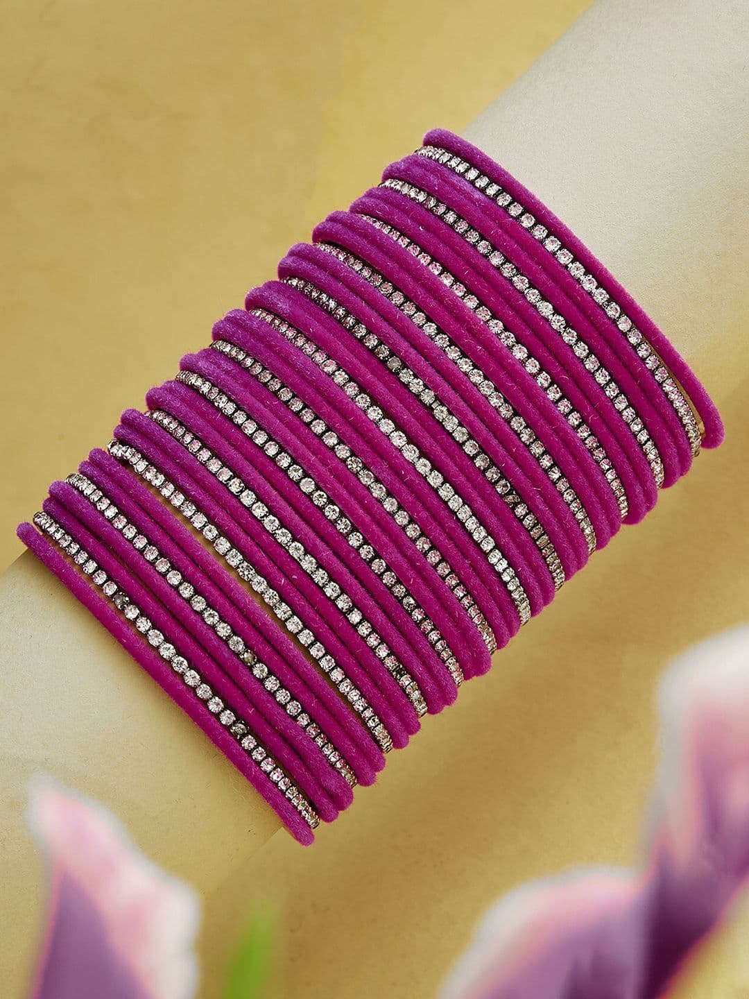 ATIBELLE Set Of 35 Silver-Plated American Diamond-Studded Velvet Textured Bangles - Image 1