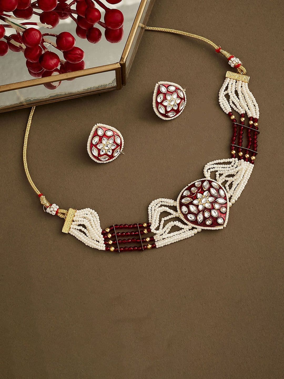 ATIBELLE Gold-Plated Red & White Kundan-Studded & Beaded Necklace and Earrings - Image 1