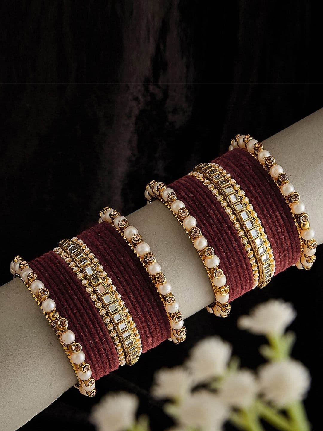 ATIBELLE Set Of 34 Copper Plated Velvet Textured & Kundan Studded Bangles - Image 1