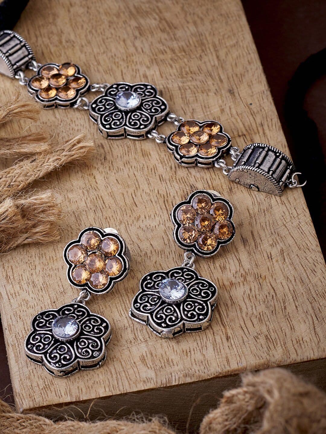 ATIBELLE Silver-Plated & Stone-Studded Floral Shaped Choker Jewellery Set - Image 1
