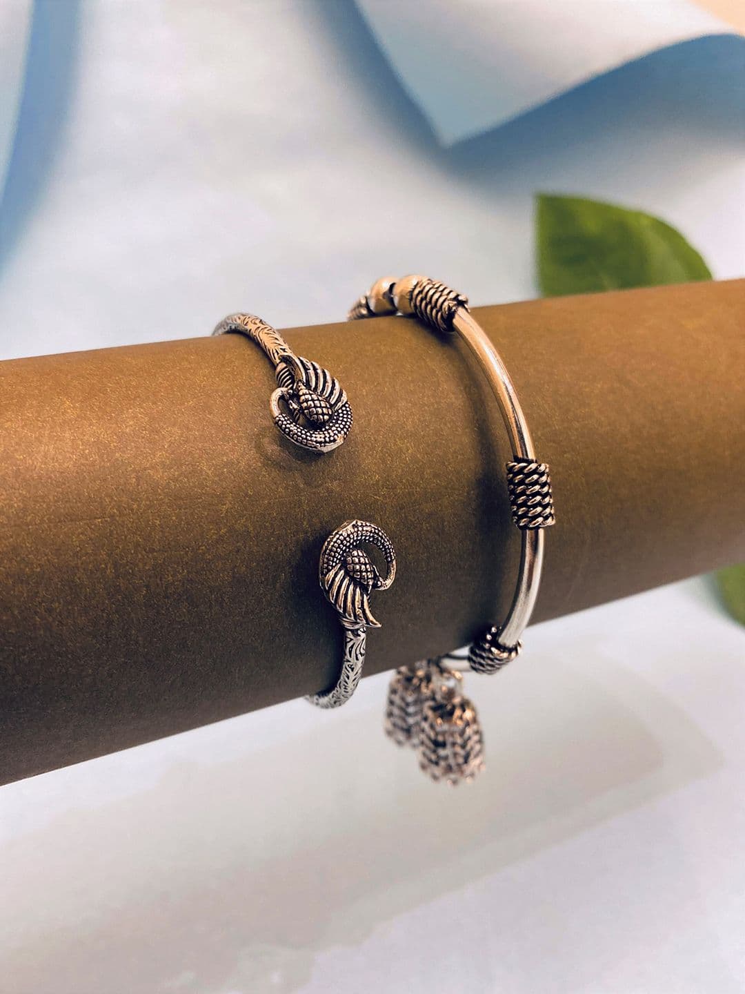 ATIBELLE Set Of 2 Silver Plated German Silver Peacock Shaped Bangles - Image 1