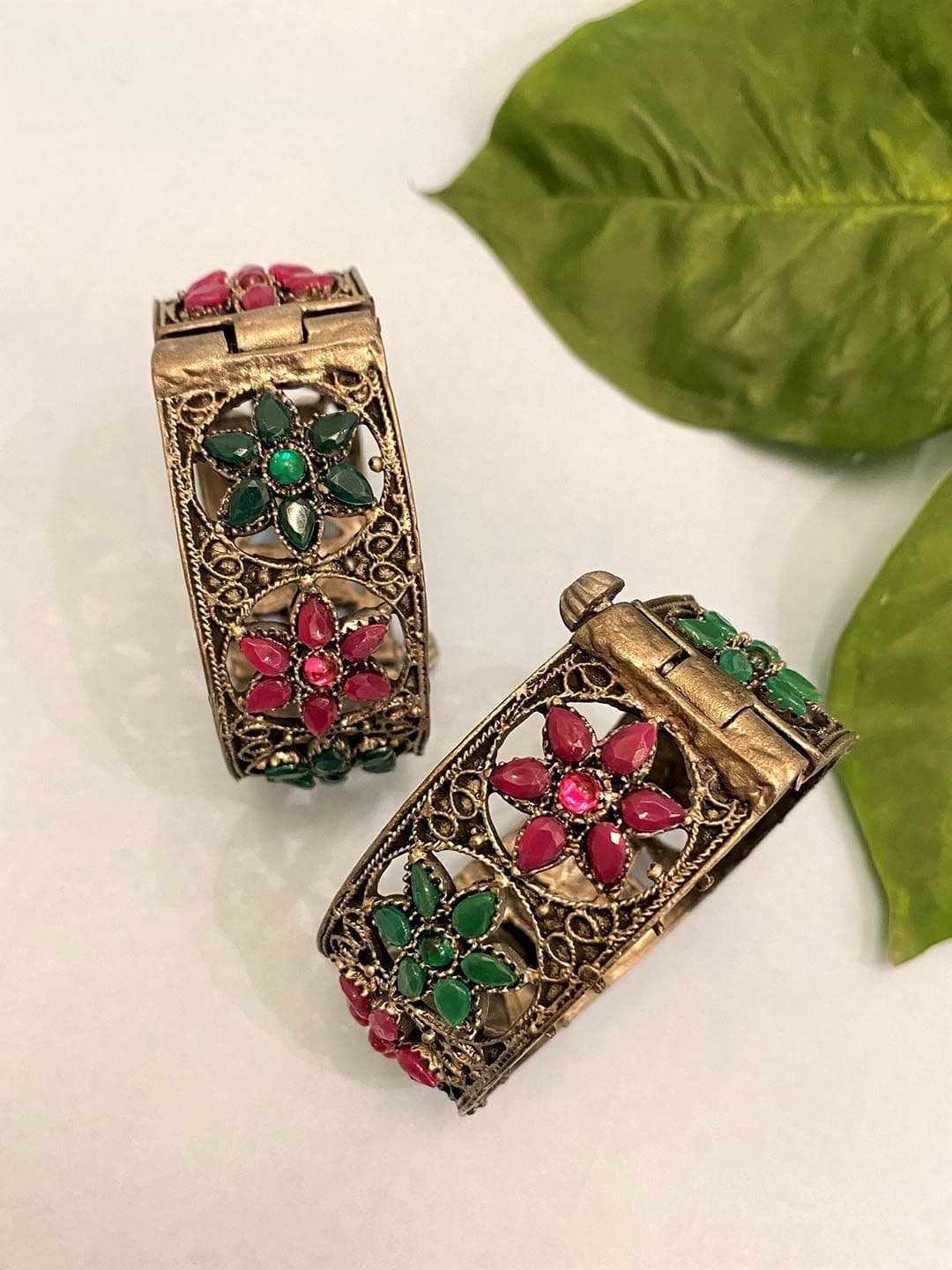 ATIBELLE Set of 2 Silver-PlatedStone-Studded Kada Bangles - Image 1