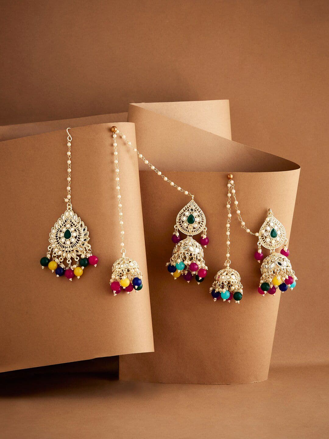 ATIBELLE Gold-Plated Stone-Studded & Beaded Earrings With Maang Tika - Image 1