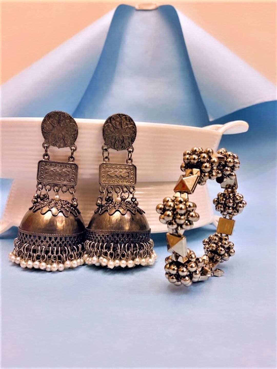 ATIBELLE Silver-Plated Ghungroo Drop Drop Earrings & Bracelet Set - Image 1