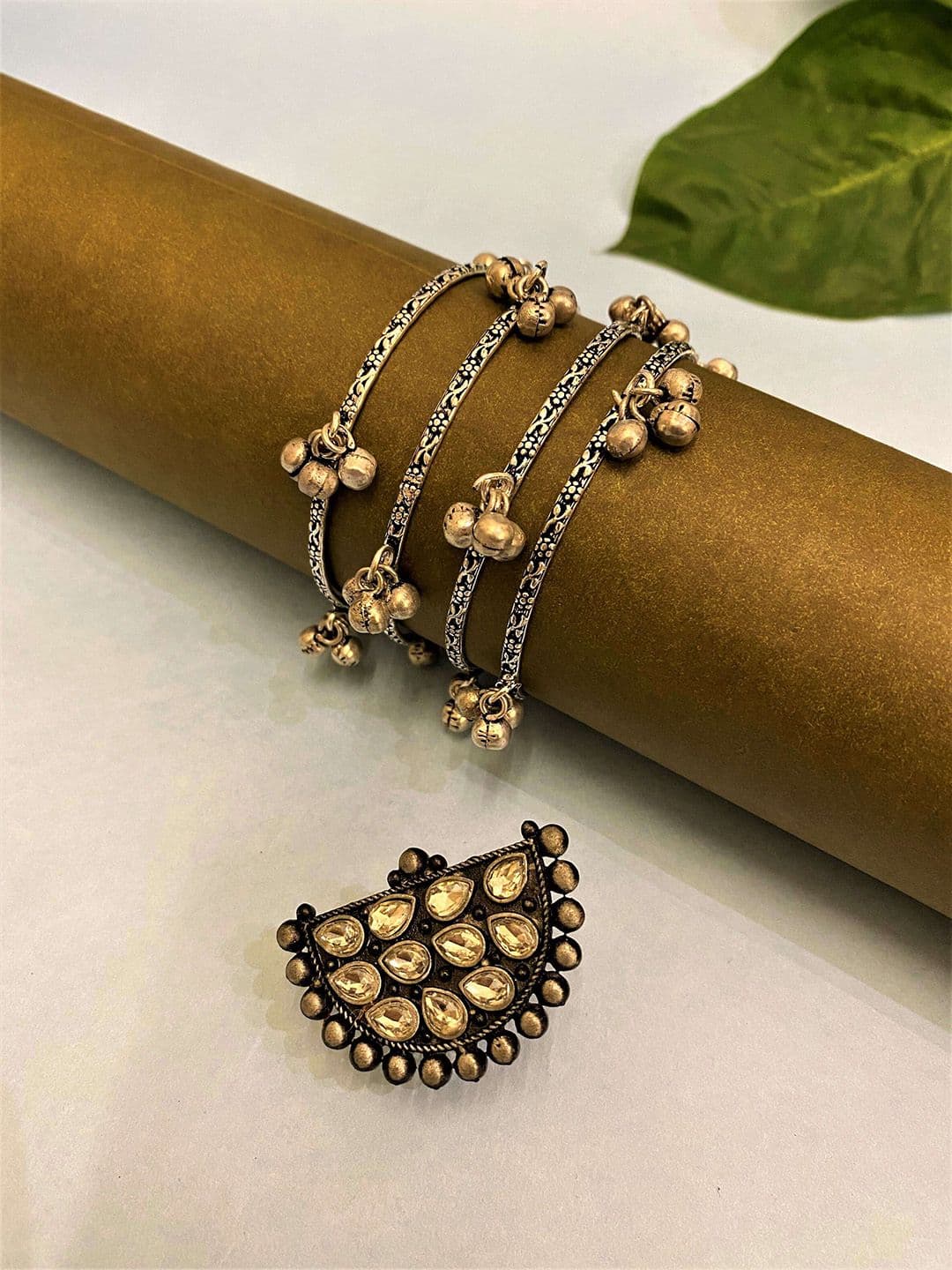 ATIBELLE German Silver-Plated & Kundan Studded Ring & Bangles Set - Image 1
