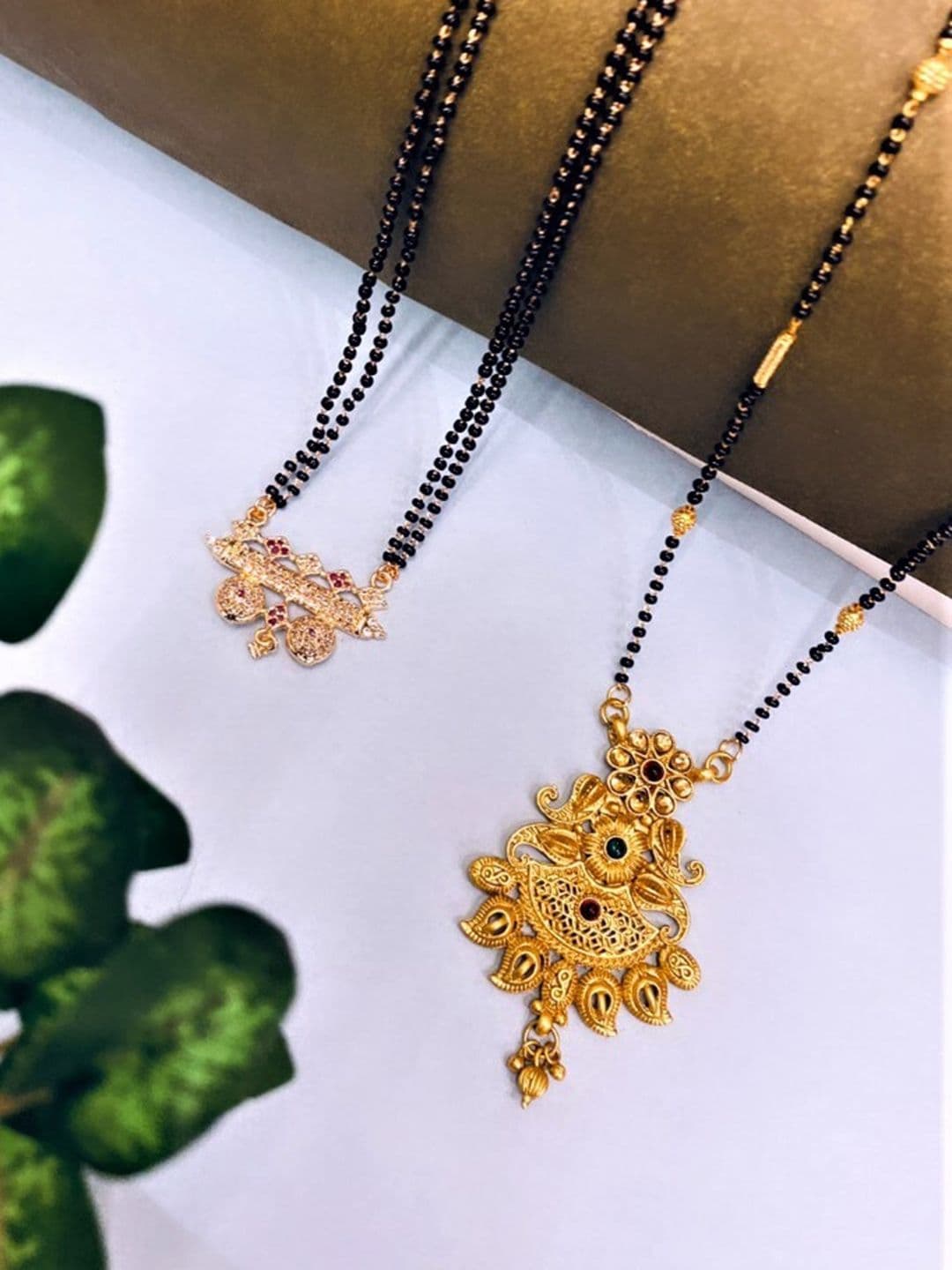 ATIBELLE Set Of 2 Gold Plated American Diamond Studded & Beaded Mangalsutras - Image 1