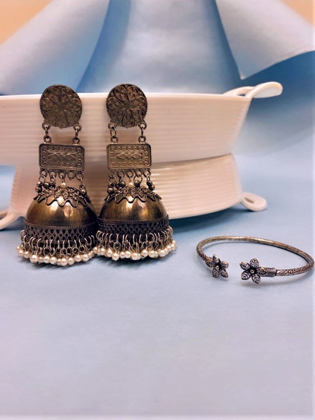 Atibelle German Silver Plated Floral Shaped Drop Earrings & Bracelet Set - Image 1