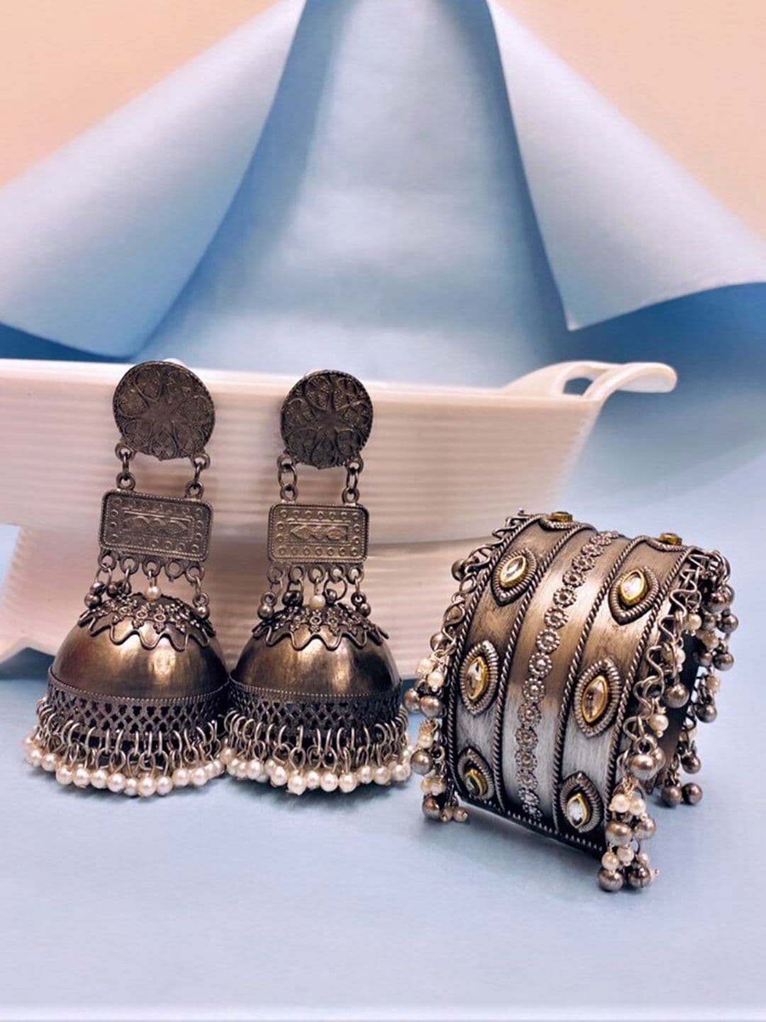 Atibelle German Silver Plated Kundan Studded Drop Earrings & Bracelet - Image 1