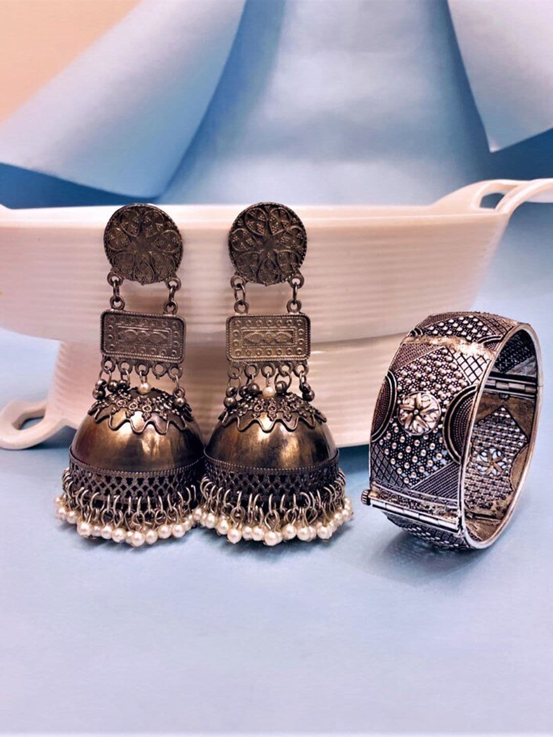 Atibelle German Silver Plated Floral Shaped Drop Earrings & Kada Bangle - Image 1