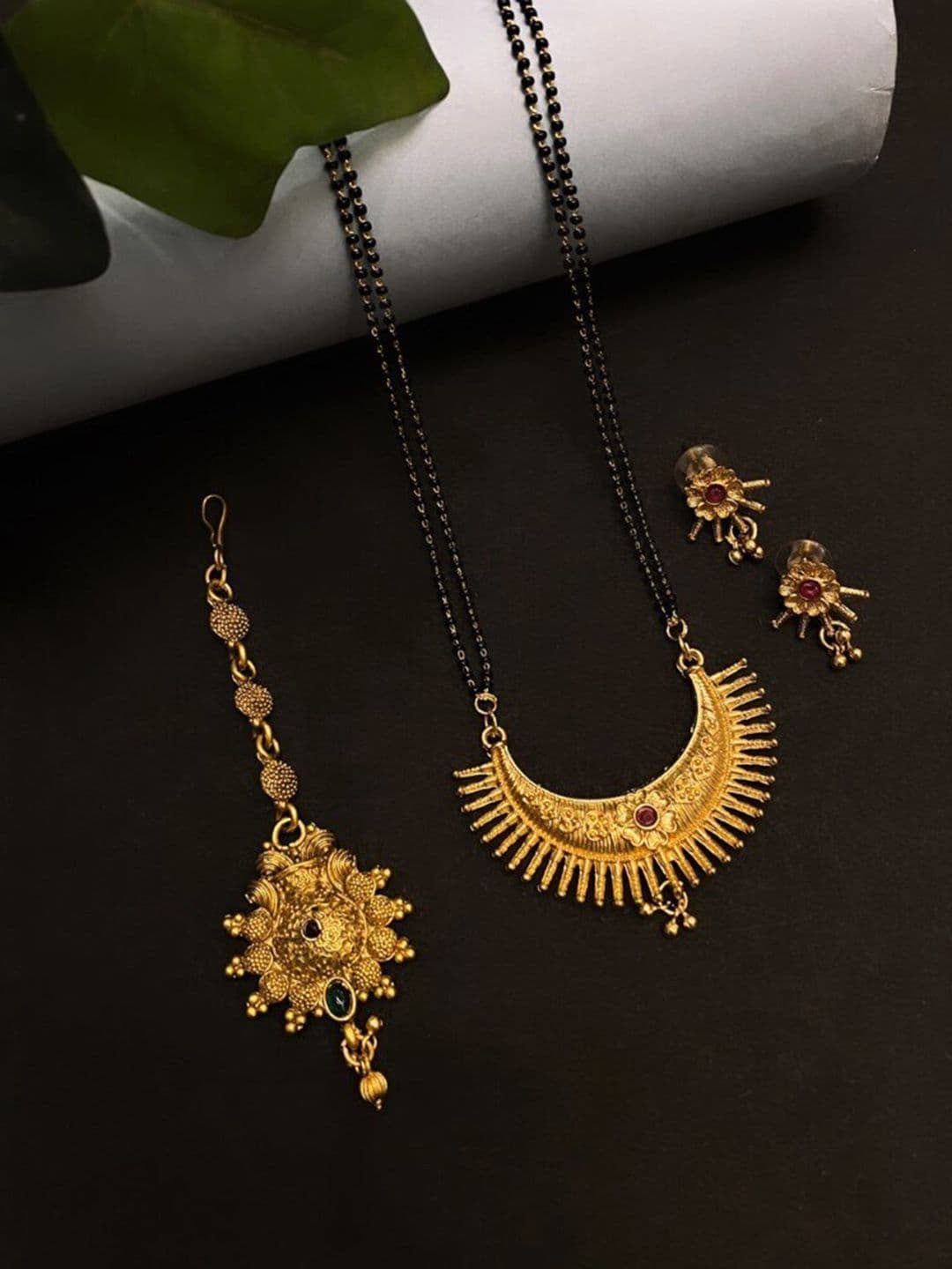 ATIBELLE Gold-Plated Stone Studded & Beaded Mangalsutra & Earrings With Maangtikka Combo - Image 1