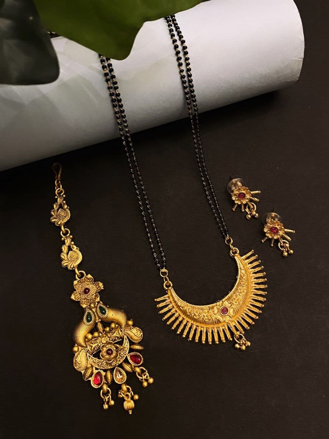 ATIBELLE Set Of 2 Gold-Plated Stone-Studded & Beaded Mangalsutra & Maangtikka - Image 1