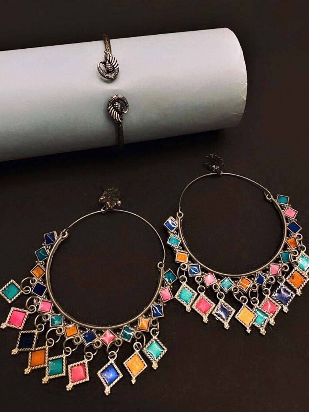 ATIBELLE Silver-Plated Stone-Studded Earrings & Bracelet Jewellery Set - Image 1