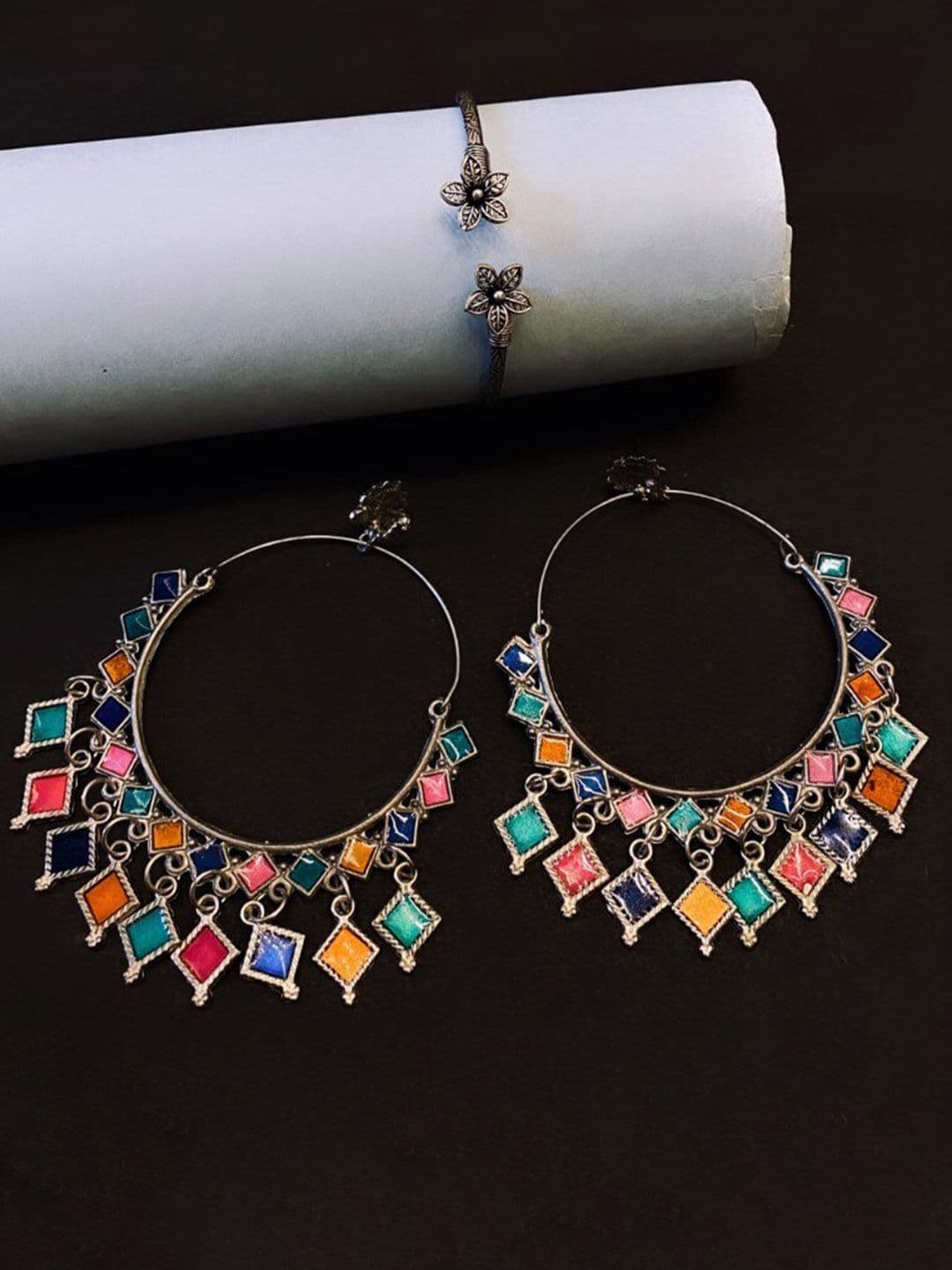 ATIBELLE Silver-Plated Stone Studded Bracelet & Earrings - Image 1