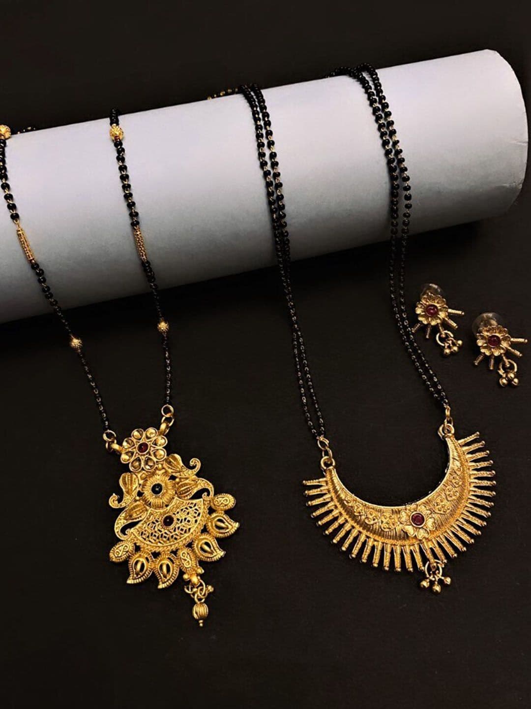 ATIBELLE Set Of 2 Gold Plated Stone Studded & Beaded Mangalsutras With Earrings - Image 1
