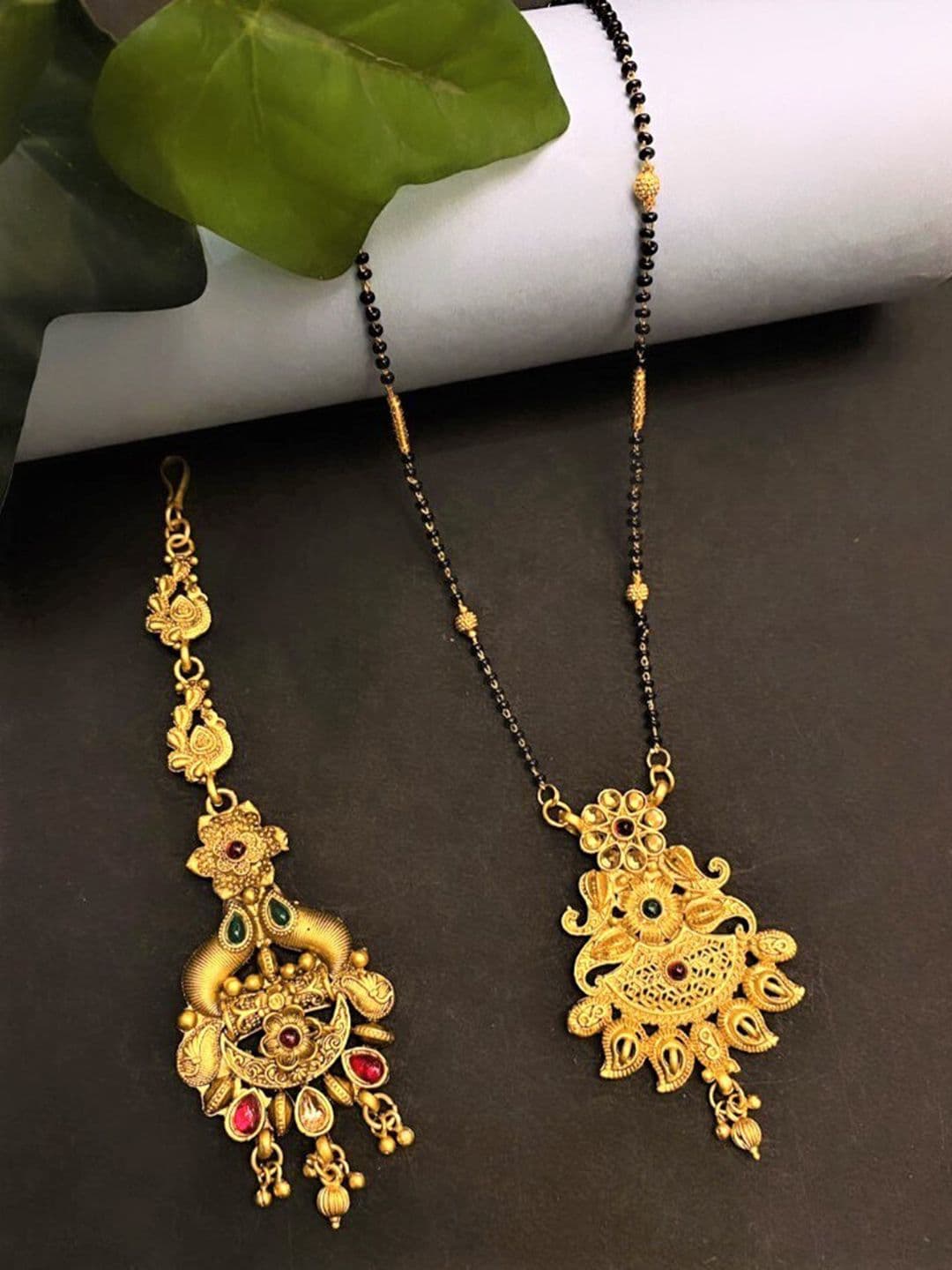 ATIBELLE Set Of 2 Gold-Plated Stone Studded & Beaded Mangalsutra With Maangtikka - Image 1